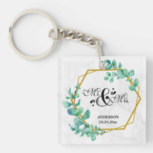 Porte-clefs Cadre doré géométrique élégant avec feuille d'euca