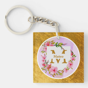 Porte-clefs Cadre en or Fleur Aquarelle Nom personnalisé