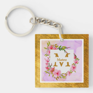 Porte-clefs Cadre en or Fleur Aquarelle Nom personnalisé