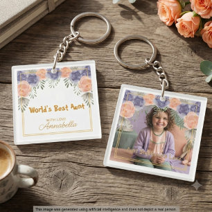 Porte-clefs Cadre en or floral photo de la meilleure tante au