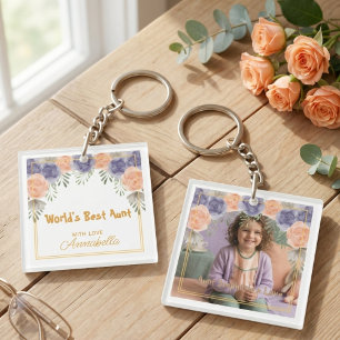 Porte-clefs Cadre en or floral photo de la meilleure tante au