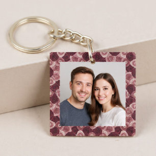 Porte-clefs Cadre photo de bordure florale rose profond