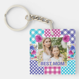 Porte-clefs Cadre photo fleuri et à carreaux pour la fête des 