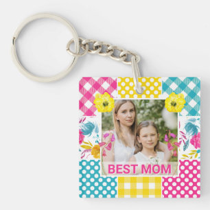 Porte-clefs Cadre photo fleuri et à carreaux pour la fête des 