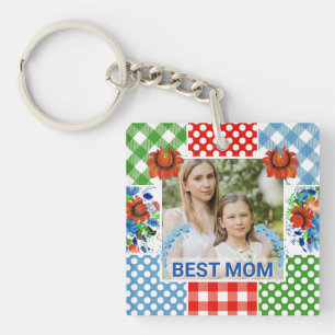 Porte-clefs Cadre photo fleuri et à carreaux pour la fête des 