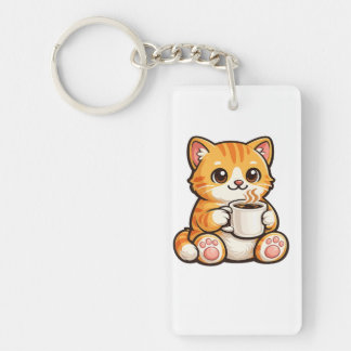 Porte-clefs Café Chat Mignon – Chat Orange Cosy Buvant du Café