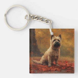 Porte-clefs Cairn Terrier dans les feuilles d'automne qui tomb