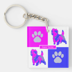 Porte-clefs Cairn Terrier Silhouette Chien & Paw rose et bleu