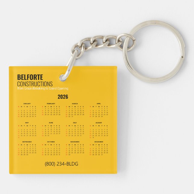 Porte-clefs Calendrier de construction en acrylique | Jaune et (Dos)