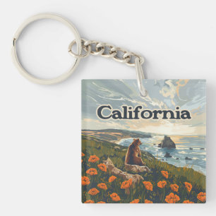 Porte-clefs Californie Bear Poppies Fleurs Côte Retro