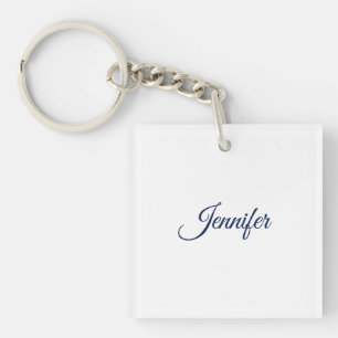 Porte-clefs Calligraphie Élégant Bleu Blanc Simple Nom