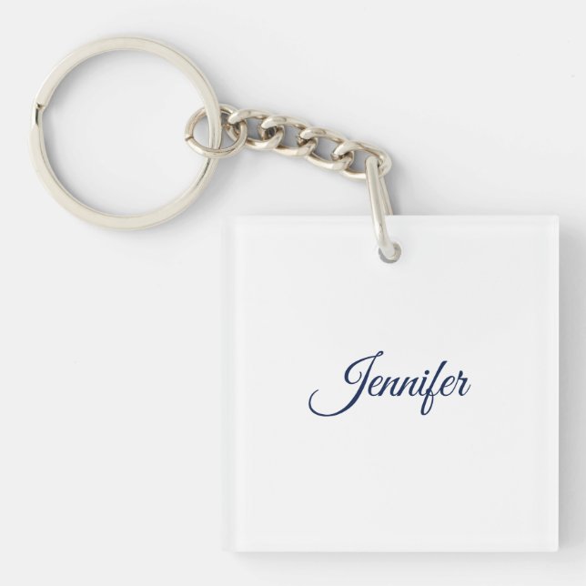 Porte-clefs Calligraphie Élégant Bleu Blanc Simple Nom (Devant)