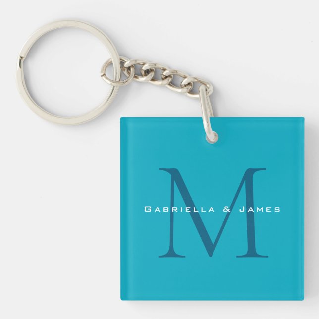 Porte-clefs Calligraphie monogramme Azure Blue Modern Plain (Devant)