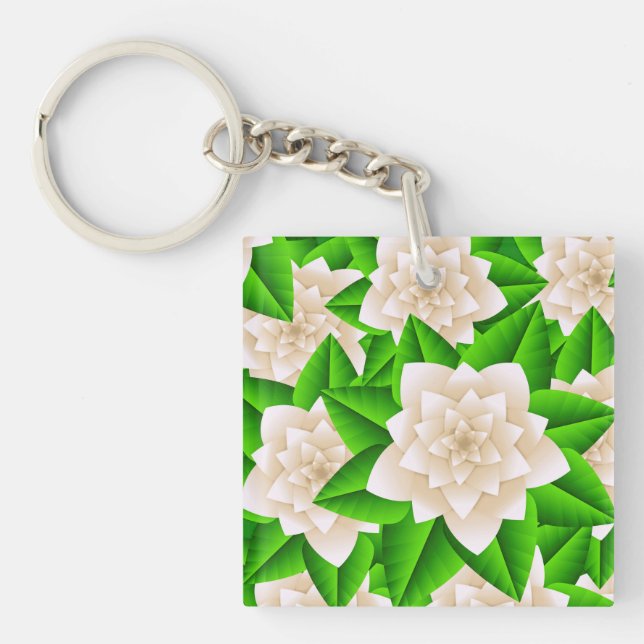 Porte-clefs Camélias blancs et feuilles vertes (Devant)