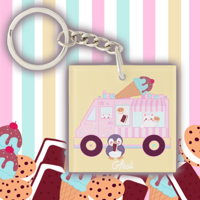 Porte-clefs Camion De Crème De Glace De Lapin Bleu Et Rose (Créateur téléchargé)