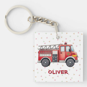 Porte-clefs Camion de pompiers aquarelle rouge mignon