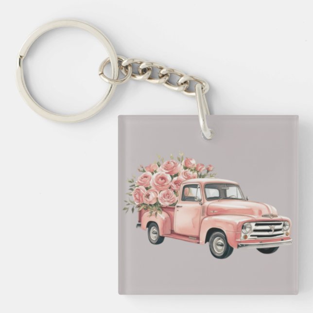 Porte-clefs Camion rose avec des roses (Devant)
