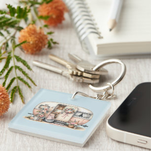 Porte-clefs Camper Boho avec couronne florale et pastels rose
