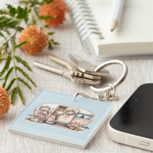 Porte-clefs Camper Boho avec couronne florale et pastels rose (Devant Droit)