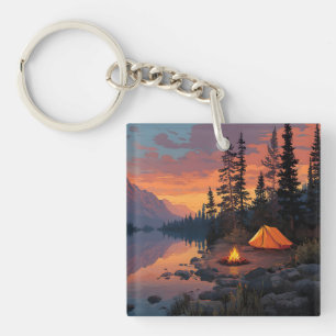 Porte-clefs Camping paisible au bord d'un lac de montagne