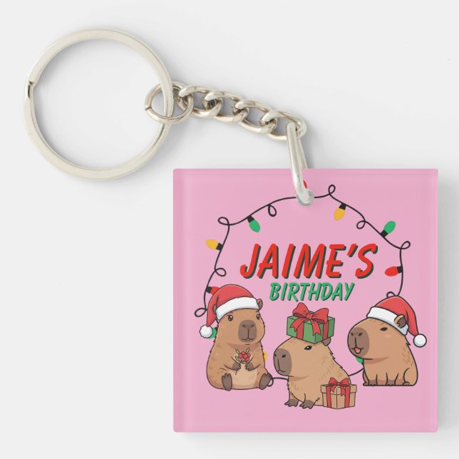 Porte-clefs Capybara Rose Noël Anniversaire (Devant)