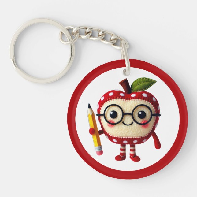 Porte-clefs Caractère de pomme rouge mignon avec un crayon Nom (Devant)
