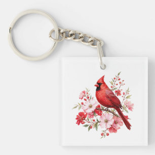 Porte-clefs Cardinal Rouge Floral Ornithologue Aquarelle Natur