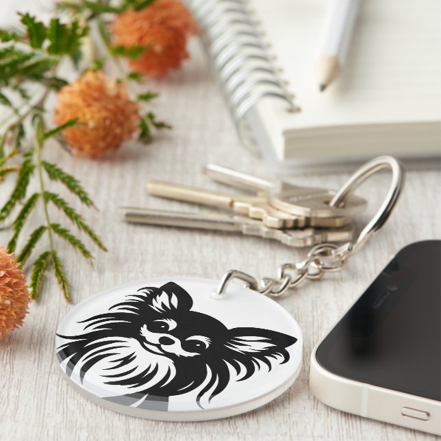 Porte-clefs Caricature de Chihuahua aux cheveux longs mignons (Devant droit)