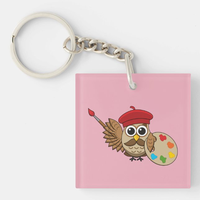 Porte-clefs Caricature de Chouette Peintre Cute (Devant)