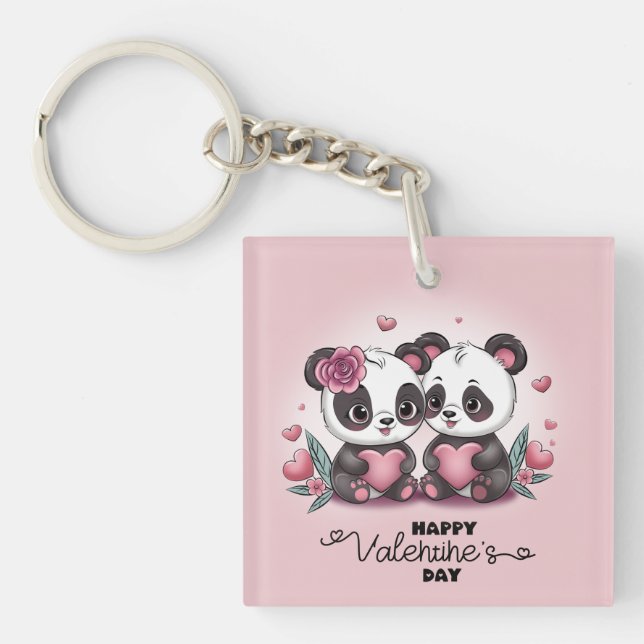 Porte-clefs Caricature mignonne Panda Les amoureux Coeurs Sain (Devant)