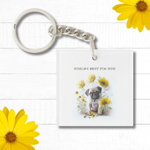 Porte-clefs Carlin Chien Maman Aquarelle Cute Floral Personnal