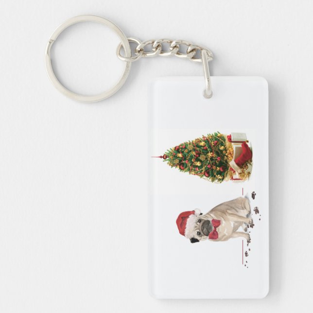 Porte-clefs Carlin drôle Chien de Noël avec arbre (Devant)