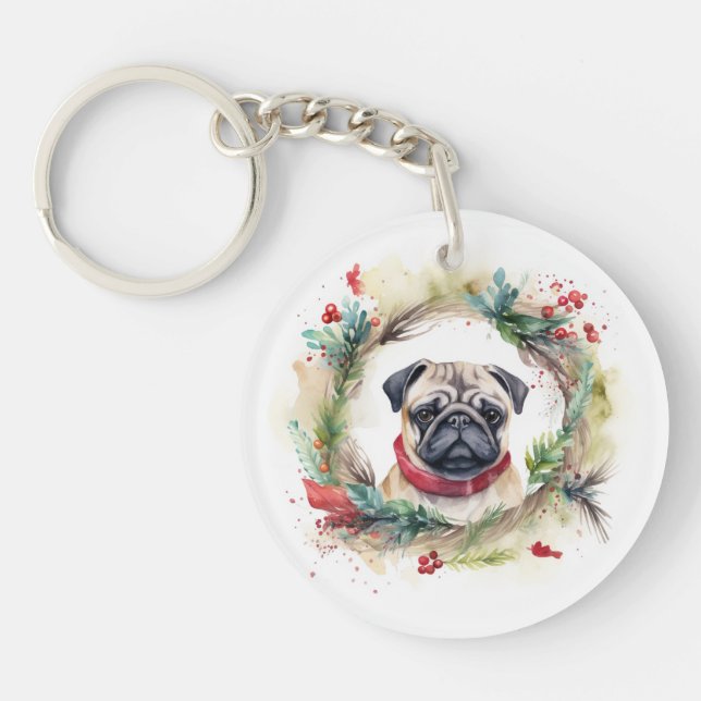 Porte-clefs Carlin Noël Wreath Festive Pup (Devant)