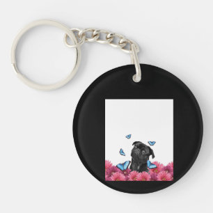 Porte-clefs Carlin Noir Avec Papillons Bleus Et Gerberas