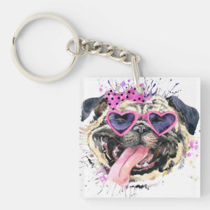 Porte-clefs Carlin rose mignon d'aquarelle