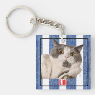 Porte-clefs Carré Bleu Rouge Blanc Rayures Marinières Acryliqu