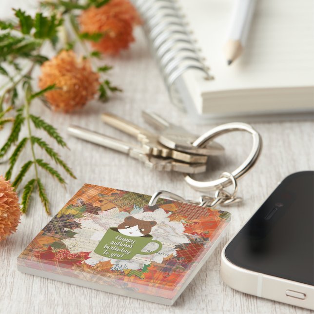 Porte-clefs Carré Chat de pause automne (Devant Droit)