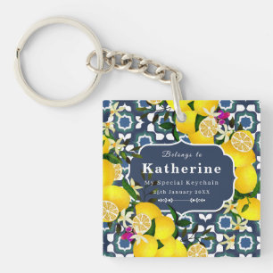 Porte-clefs Carreaux Méditerranéens Citron Bleu Nuit Blanc