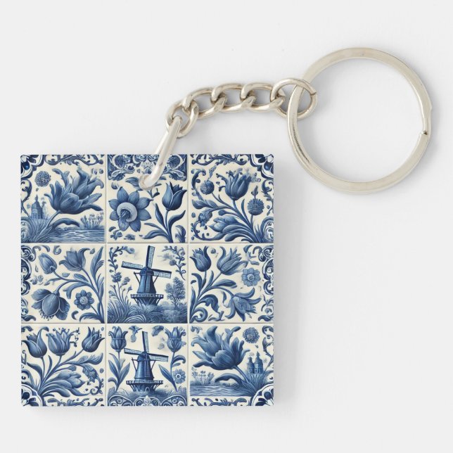 Porte-clefs Carrelage blanc et bleu élégant (Dos)