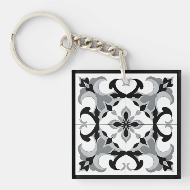 Porte-clefs Carrelage de style espagnol noir et blanc (Devant)