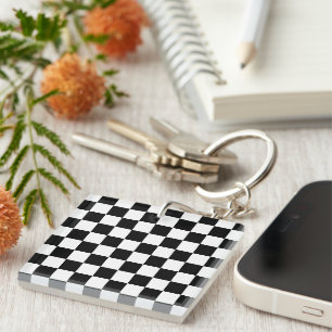 Porte-clefs Carrés à carreaux géométriques rétro noir et blanc
