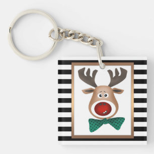 Porte-clefs Carte de cerf de Noël rayé noir blanc célébrer