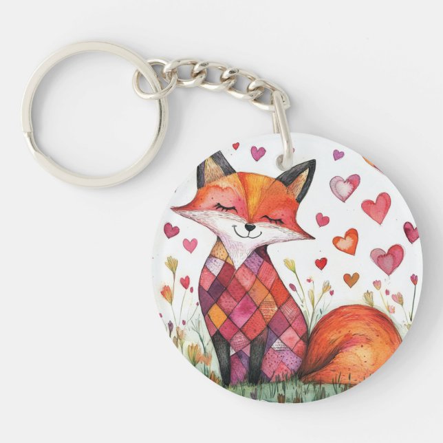 Porte-clefs Carte de la Saint-Valentin renard à l'aquarelle (Devant)