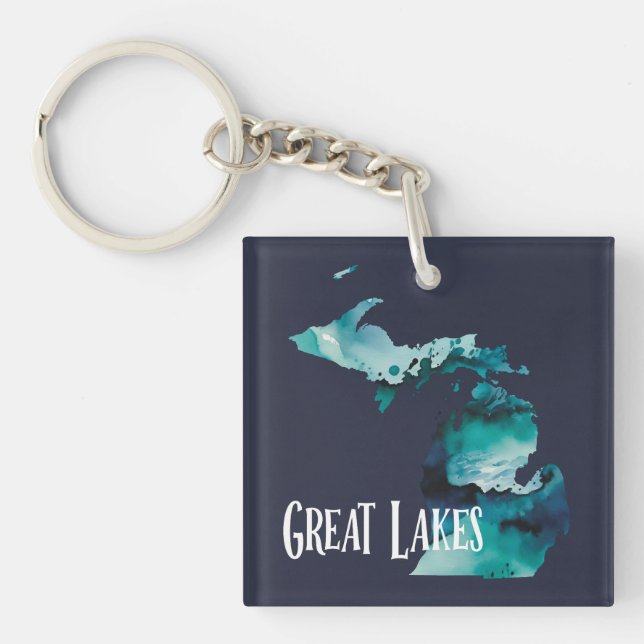 Porte-clefs Carte de l'État des Grands Lacs Michigan Aquarelle (Devant)
