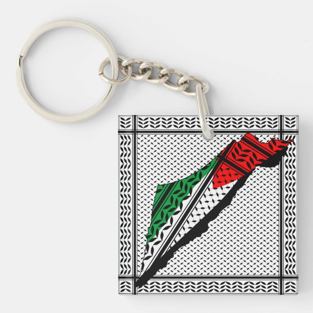 Porte-clefs Carte de Palestine avec drapeau et Motif Keffiyeg (Devant)
