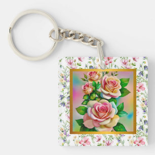 Porte-clefs Carte élégante de rose d'aquarelle de Fête des Mèr