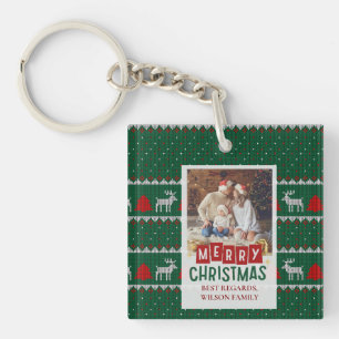 Porte-clefs Carte photo de Noël de famille avec chandail nisé