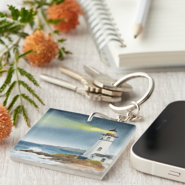 Porte-clefs Carte postale du phare côtier avec faisceau lumine (Devant Droit)