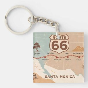 Porte-clefs Carte vintage de la route 66 avec des villes histo