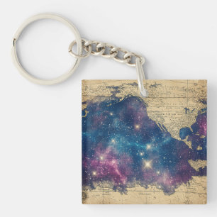Porte-clefs Carte vintage du monde céleste pourpre (6)